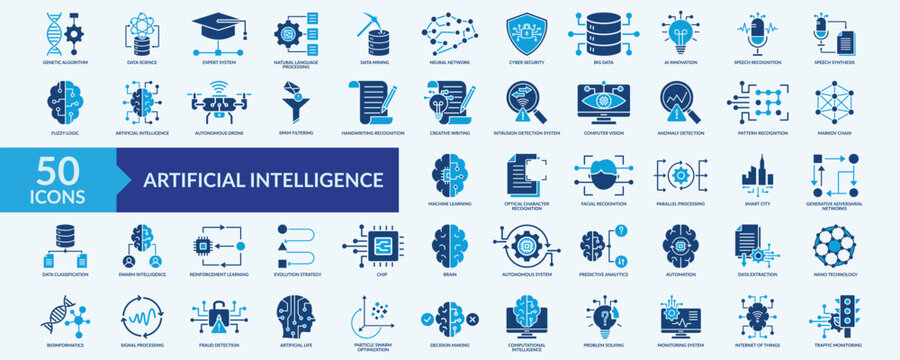 Artificial intelligence icon collection set with genetic algorithm, expert system, natural language processing, neural network, machine learning