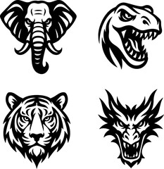 Face's of Dangerous Animals in black and white silhouette assets with white background 