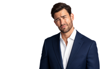 Unhappy businessman in a suit with a distressed expression. Concepts of stress, sadness, failure, or disappointment in professional life, isolated on transparent background