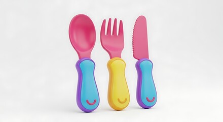 Fototapeta premium A colorful cartoon cutlery set including a spoon fork and knife on white background