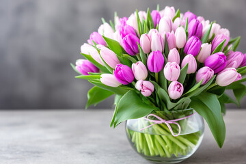 Beautiful Arrangement of Pink and Purple Tulips in a Clear Glass Vase on a Dark Background