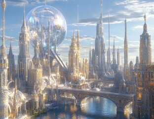Fototapeta premium Golden futuristic city, crystal orb, serene river
