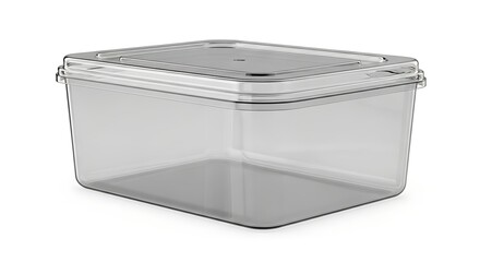 A clear plastic food storage container with lid on a white background view