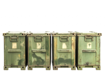 Four weathered green military storage containers lined up together, isolated on a transparent background