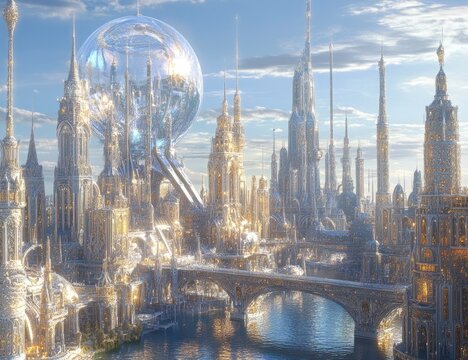 Golden futuristic city, crystal orb, serene river