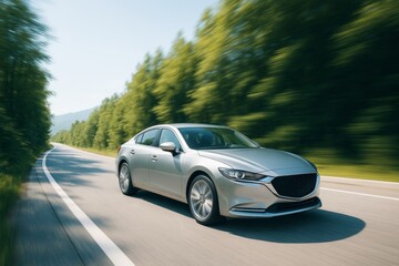Fototapeta premium Silver sedan driving fast on a curving highway with motion blur and forest background in daylight under clear sky. Ai generative.