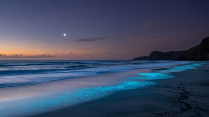 Fototapeta premium Bioluminescent waves crash on sandy beach at dusk