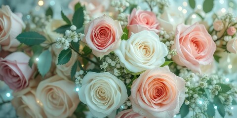 Delicate Pastel Roses with Twinkle Lights, Elegant Floral Arrangement