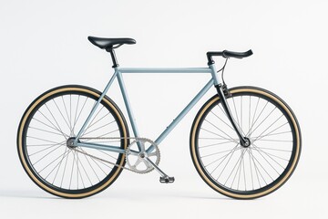 Obraz premium Minimalist single-speed bicycle with matte blue frame and tan-wall tires, side view against clean white background representing eco transport concept.