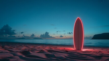 Surfboard with neon light on sandy beach at dusk