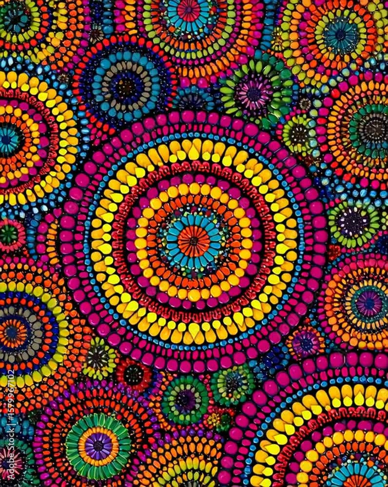 Wall mural vibrant circular patterns in a kaleidoscopic design, showcasing intricate details and a rich color p
