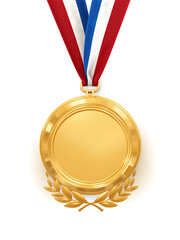 Blank gold medal with red, white, and blue ribbon and laurel wreath. Perfect for award, achievement, or victory mockups.