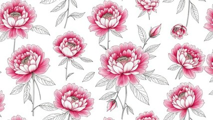Delicate Pink Peony Outline Seamless Pattern on White