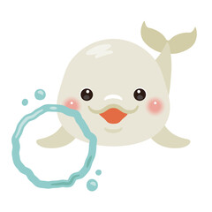 Obraz premium 正面から見たバブルリングを出すシロイルカのイラスト