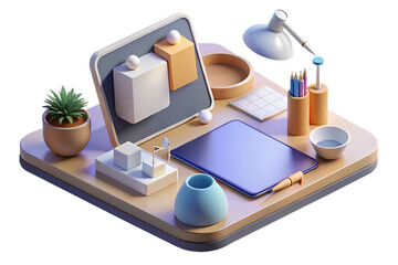 Designers workspace with tablet, lamp, and art supplies on a modern desk isolated on transparent background