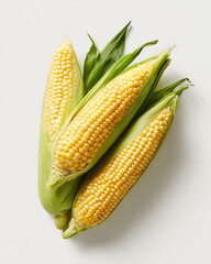 A photorealistic image of fresh corn on the cob, arranged diagonally on a white backdrop with soft shadows, styled for a grocery flyer. Husk peeled back slightly to reveal golden kernels. 