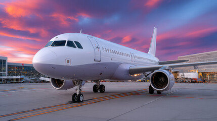 Obraz premium Sleek white airplane parked at airport during vibrant sunset, showcasing beauty of aviation and travel