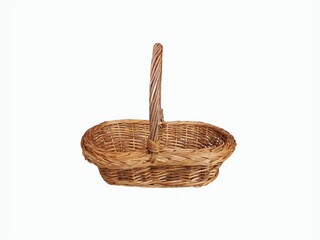 The white background in the picture is a light brown rattan basket with a woven handle in the middle. The woven edge pattern is thick and beautiful. It is used in the household and is conveni