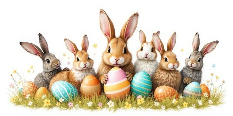 Easter Bunnies and Eggs on a White Background
