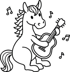 Fototapeta premium Funny cartoon animal illustration featuring a horse with a guitar, a squirrel with a nut, a cute dog, and a wild cat drawing