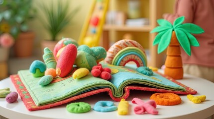 A colorful, whimsical scene of a book with 3D animals and flowers springing to life.an ai generative image