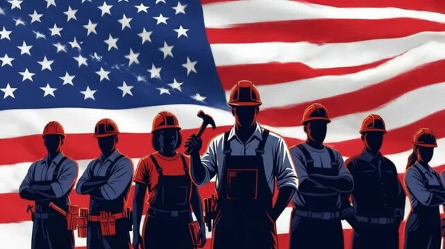 Silhouettes of diverse workers stand before a waving USA flag. "Happy Labor Day" text appears, celebrating the patriotic American national holiday.