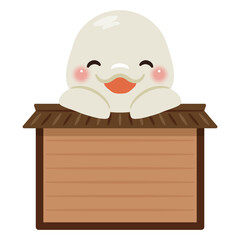 木製看板に乗った笑顔のシロイルカのキャラクターイラスト