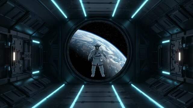 Futuristic spaceship corridor with astronaut viewing Earth