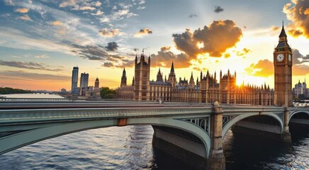Westminster bridge london at sunset with big ben and houses of parliament - Powered by Adobe