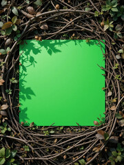 A vibrant green square card nestled within a natural frame of twigs and foliage. Perfect for eco-friendly or nature-themed designs.
