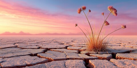 A resilient plant thrives in cracked desert earth at sunrise