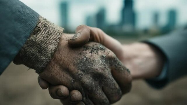 Bridging the Divide: A powerful depiction of two hands clasped in a firm handshake, one soiled with earth, the other clean.