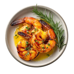 Delicious grilled shrimp with rosemary and butter sauce isolated on transparent background