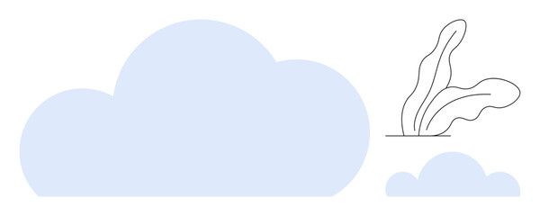 Large soft blue clouds paired with a simple abstract outline of a plant. Ideal for environment, nature, creativity, growth, serenity, clean design, sustainability. Simple flat metaphor
