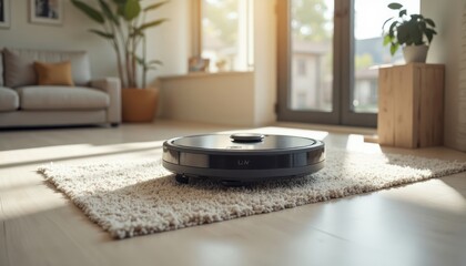 A robotic vacuum cleaner navigates a light-colored shag rug in a bright, modern living room with a sofa, plants, and natural light streaming through a glass door.