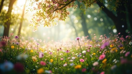 Enchanting Forest Meadow, Pastel Bokeh Lights, Dreamy Background Image