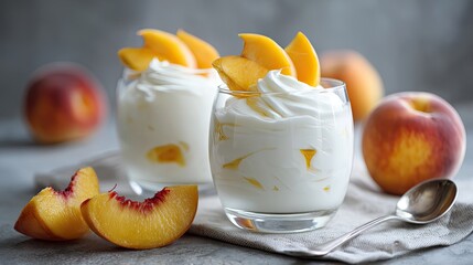Two glasses of creamy dessert topped with whipped cream and peach slices, surrounded by fresh peaches.