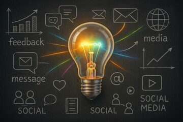 Illuminating Insights: A brilliant light bulb glows brightly, surrounded by a chalkboard-style network of social media icons. The scene radiates creativity and sparks for innovative communication.