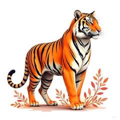 Obraz premium Beautiful wild tiger illustration with leaves high resolution picture