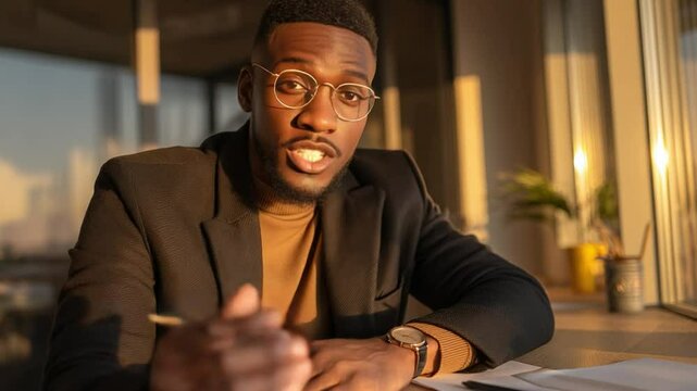 Focused Discourse: An individual of African descent, adorned in spectacles, addresses the viewer with intensity, enveloped by the warm light of a modern work environment.