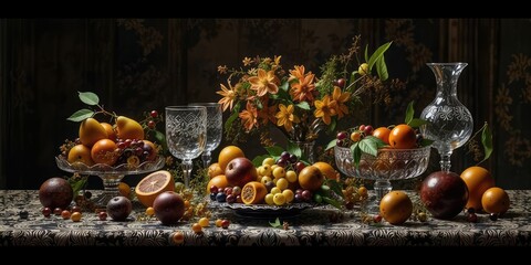 Exquisite Fruits and Glassware on an Ornate Table Setting