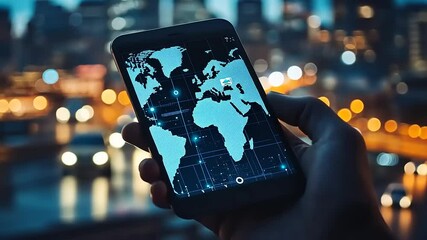 Hand holding smartphone displaying a digital map of Europe at night with city lights in the background - Powered by Adobe