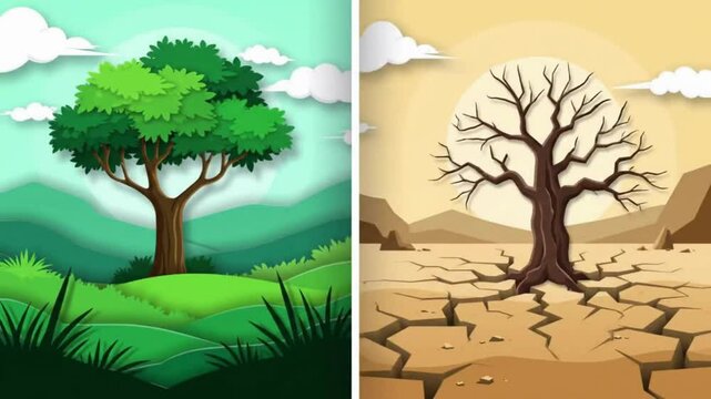 A comparative illustration showcasing a vibrant tree against a withered tree, highlighting environmental change.