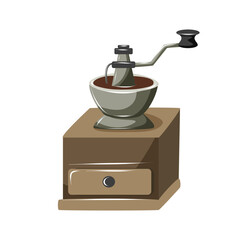 Vintage manual coffee grinder. Isolated vector illustration of an old-fashioned hand coffee mill with wooden base and metal crank. Can be used for cafe menus design, labels. 