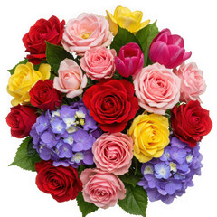 A colorful bouquet of roses and hydrangeas isolated on transparent
