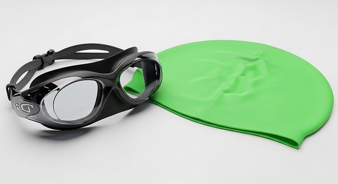 Black Swim Goggles with Lime Green Swim Cap on White Background, Sports and Recreation Equipment for Swimming Lessons and Competition - Powered by Adobe