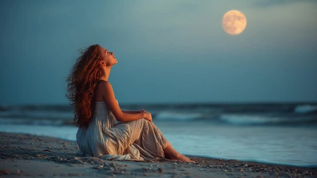 Serene Moonlit Beach: A woman sits on a sandy beach, gazing up at a large, full moon rising over the tranquil ocean. The soft light illuminates her flowing red hair.