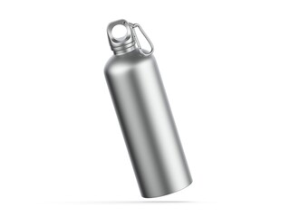 Metallic thermos bottle mockup. Metal water thermo flask mock up. Stainless steel travel thermos for hot tea, 3d illustration.