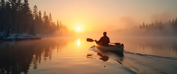 Ingelijste posters Huisarts Kajakfahrer auf See bei Sonnenaufgang   © dasOval.ch