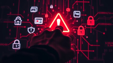 Hand reaching towards glowing red digital warning image